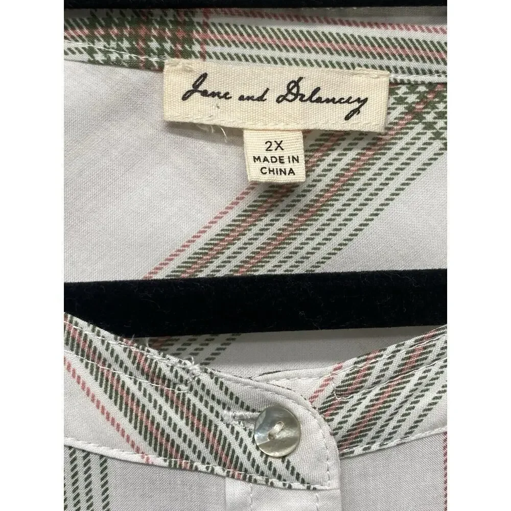 Jane + Delancey Women’s Button Front Top White Plaid Green Classic Neutral Sz 2x - Picture 3 of 8
